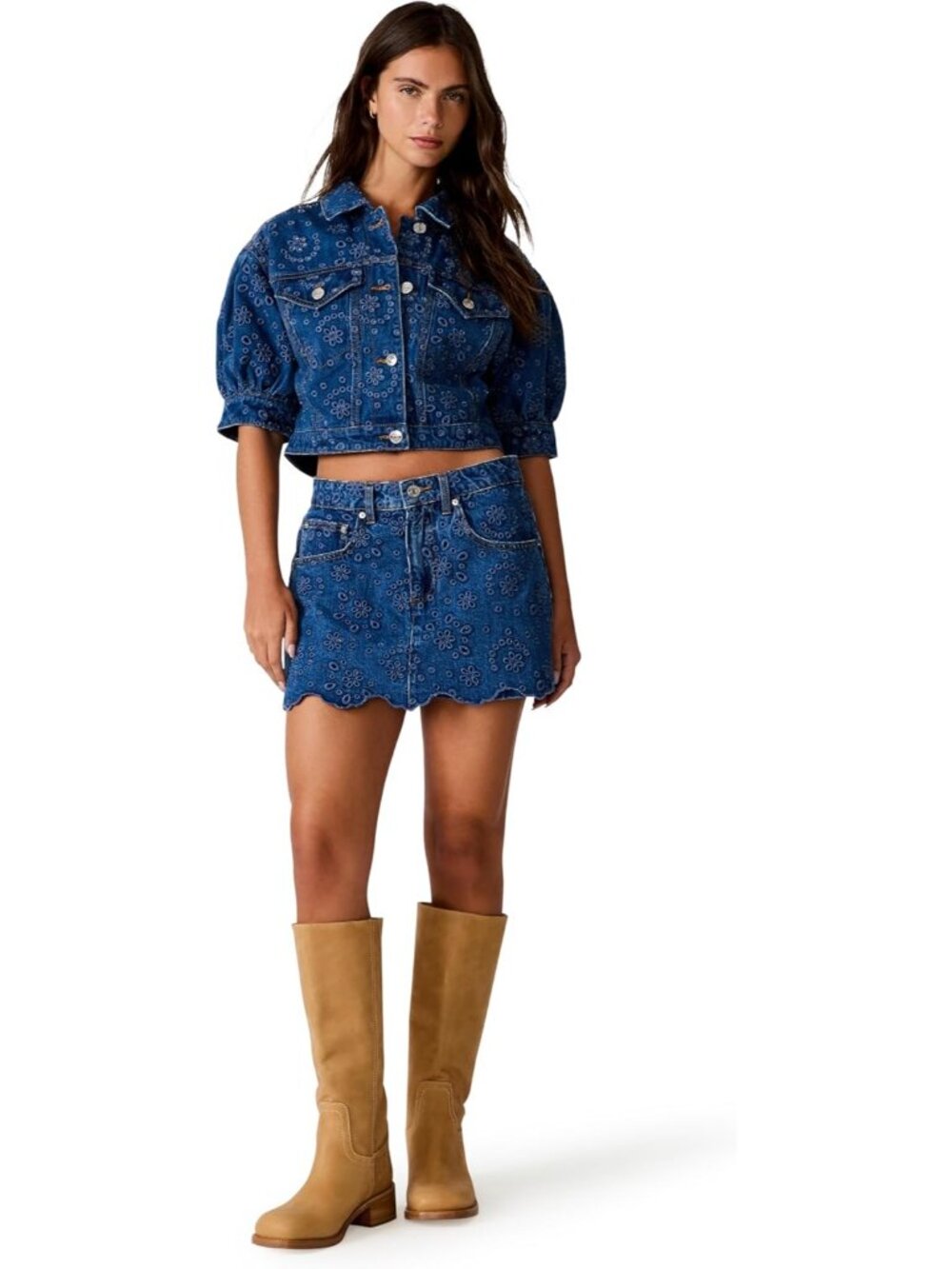 Steve Madden Women's Blue Depths Serafina In Eyelet Denim SOLID Cropped Jackets